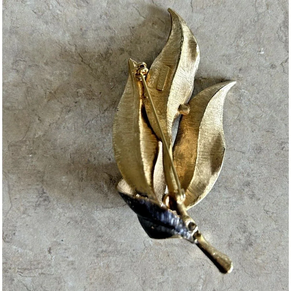 Vintage MCM 1950's Kramer of NY Blue Leaf Brooch w/ Brushed Silver Tone Base